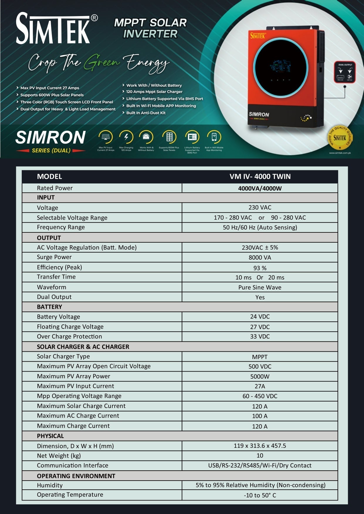 Simtek SIMRON (DUAL) 4KW-24V Solar Inverter