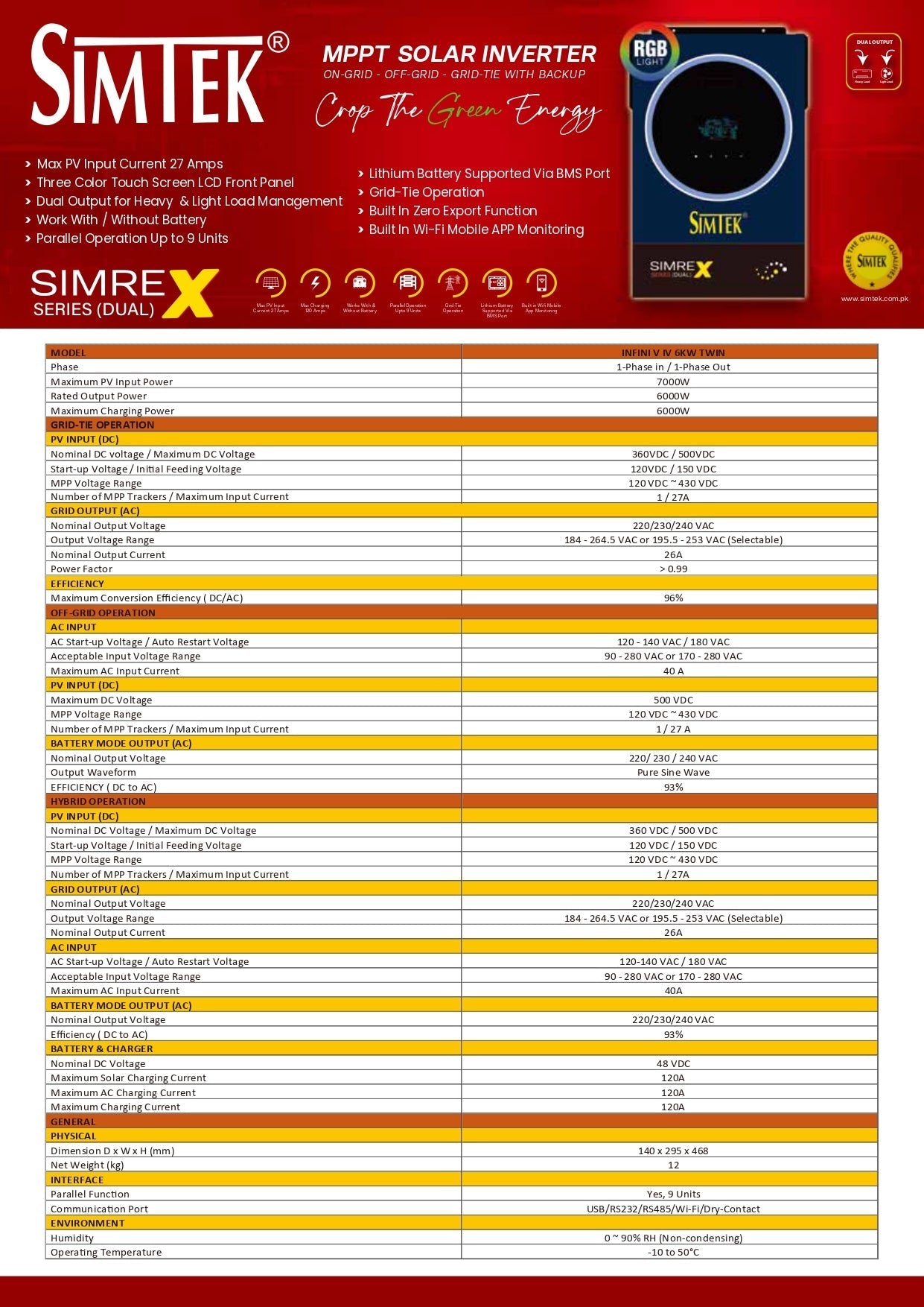 Simtek SIMREX (DUAL) 6KW-48V Hybrid Solar Inverter